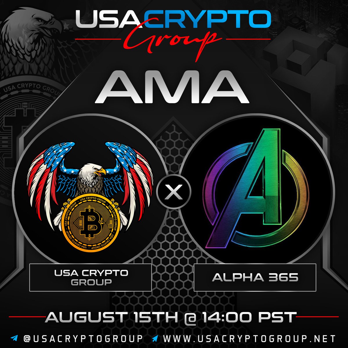 Venue: Alpha 365 AMA 
Prize: $80 total      
Location: t.me/UsaCryptoGroup       

Twitter Cash Price: $25          
Rules: -Follow
<a href="/UsaCryptoGroup/">USA Crypto Group</a>
<a href="/Alpha365Finance/">Alpha_365</a> 

-Like, Comment (can do AMA questions) and RT this post      
-Prize will be announced after the AMA