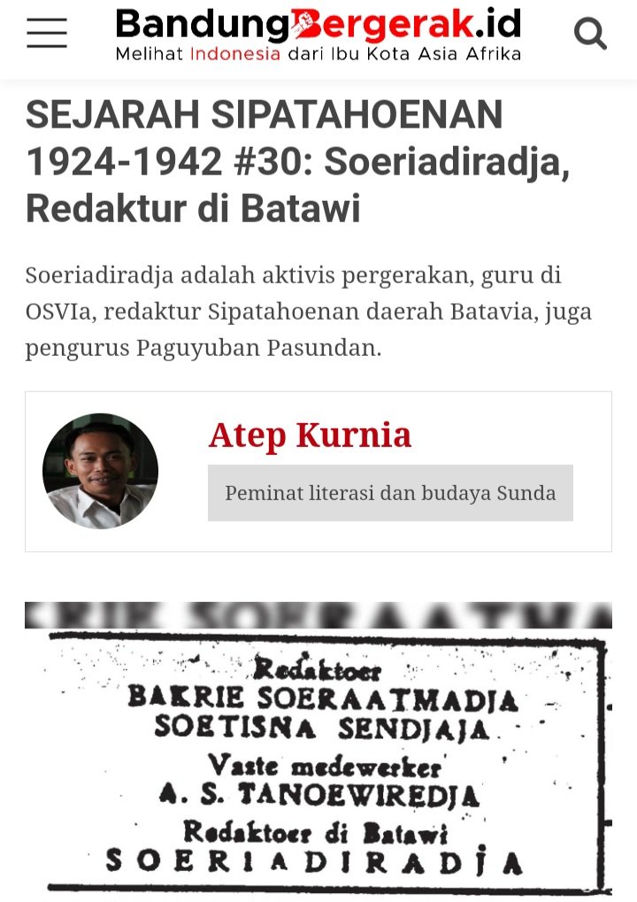 Aksara_Atep's tweet photo. R. Soeriadiradja (S.d.R) adalah guru, penulis buku Sunda, aktivis pergerakan, Ketua HB Paguyuban Pasundan, dan redaktur "Sipatahoenan" di Batawi (1924-1929).

https://t.co/42QMdVzTo1

#sipatahoenan #sipatahunan #koransunda #paguyubanpasundan #betawi #batawi #soeriadiradja https://t.co/Mi1k0MSKX4