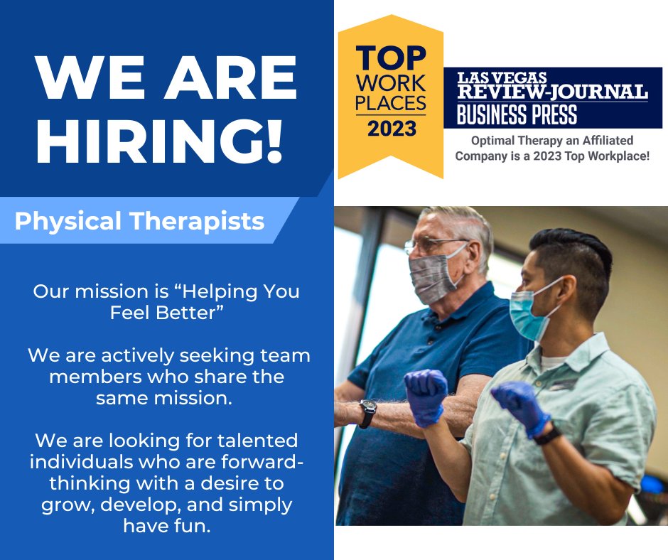 Optimal_PTLV's tweet photo. Are you looking for a #physicaltherapy or #occupationaltherapy career ?

Our employment opportunities offer comprehensive #insurance benefits, #flexible schedules, and a unique compensation model with something for everyone.  

visit our website https://t.co/KS0x1eY7fx to apply https://t.co/QirUDOTlPH