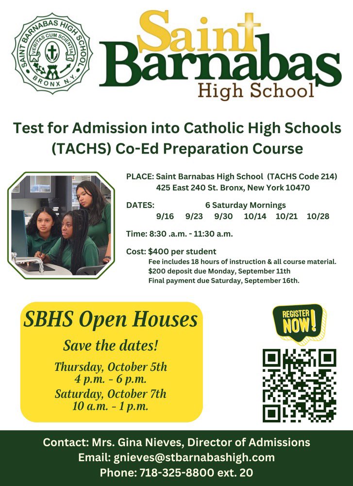 Register for TACHS classes at SBHS today! Scan to register or the link in our bio. Please contact gnieves@stbarnabashigh.com with questions or for more information.