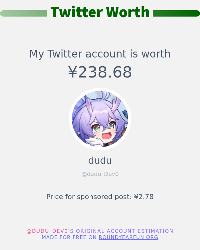 dudu_Dev0's tweet photo. 我的推特价值是: ¥238.68

➡️ https://t.co/tuHD2HobR2 https://t.co/CWA6aNZBHK