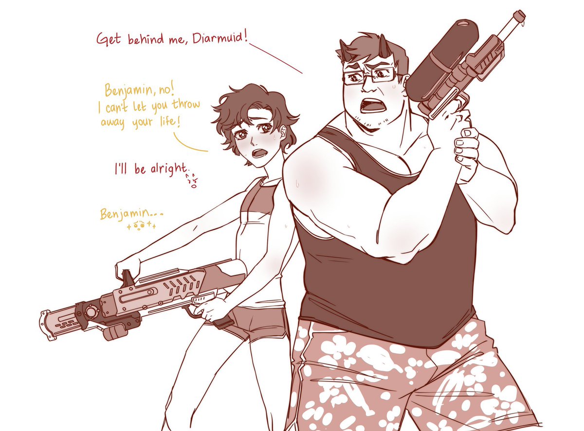 A little snippet of our Beach Bash ttrpg session for #AlphaKingAcademy It was a lot of fun 💖 the team took their water-gun fight very seriously. Some would say too much.

Characters are mine, Diarmuid, and an npc that was played by @thebiggestnerd0 for the session!