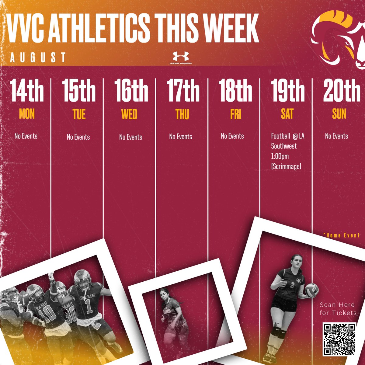 It’s time for @vvcathletics to begin our fall sports season! Take a look at our first week of athletic events with football kicking off the season with a scrimmage at LA Southwest College this Saturday. . . . #VVC I #Athletic I #RAMS I #vvcathletics | #GoRams I #GoVVC I #HornsUp