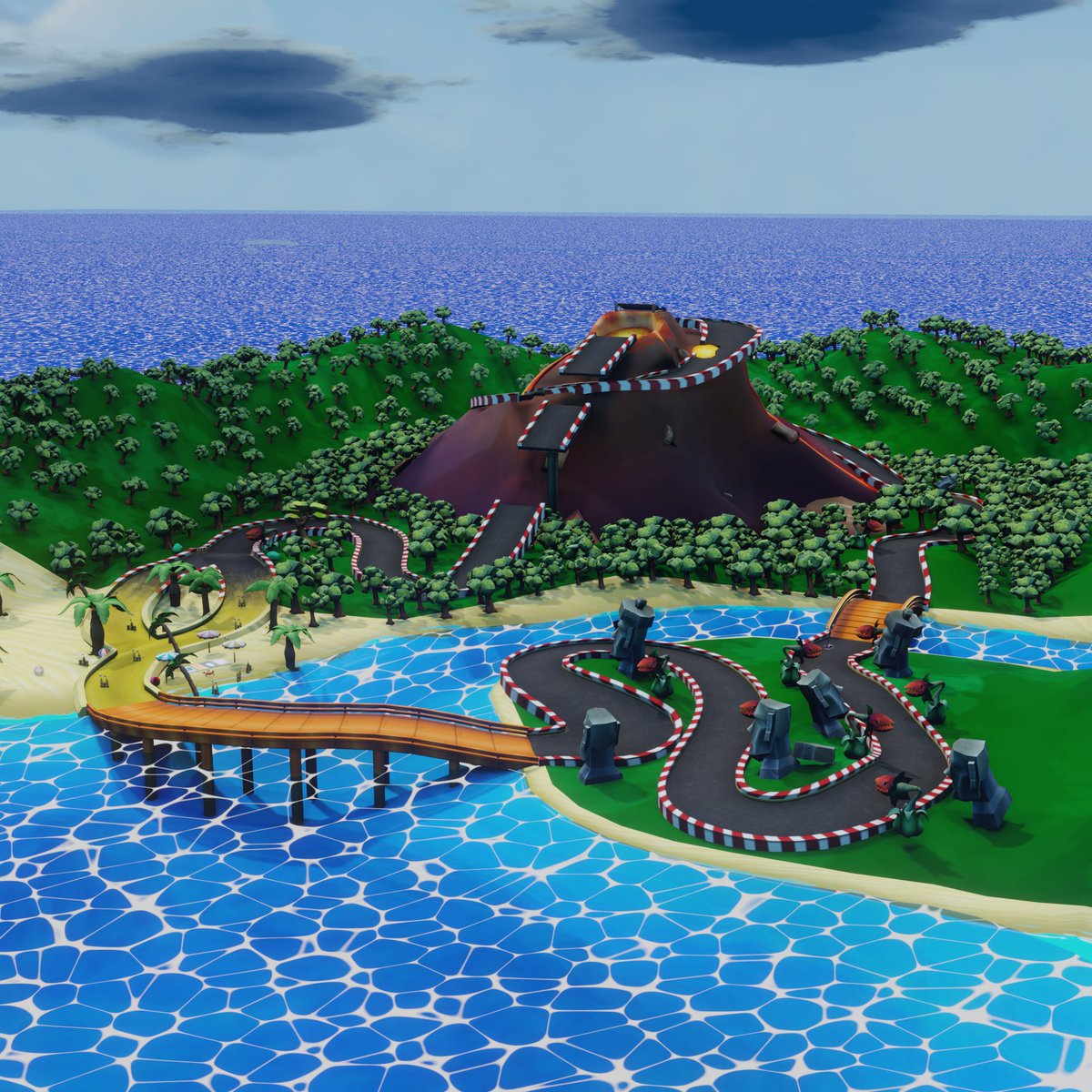 Beware of the volcano lava in our Island Track! It has some secret shortcuts! Have you find them? #mokikart #racinggame #kartgame #madeatMokiki