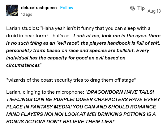 Am I the only one who really wants to see <a href="/BrennanLM/">Dylan</a> voice this at some point? I can already read it in his voice