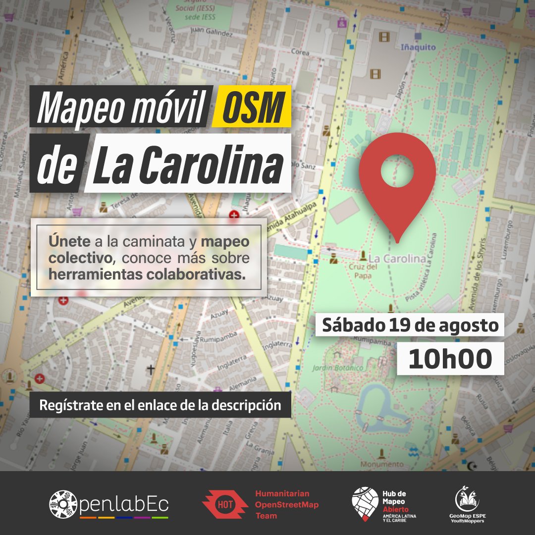 OpenlabEc's tweet photo. 🗺 ¡Únete al Mapeo Móvil OSM de La Carolina!📍📲 

El 19 de agosto, de 10:00 a 13:00, te invitamos a mejorar la data pública del barrio mientras aprendes sobre herramientas móviles de #OpenStreetMap 

Regístrate👉🏼 https://t.co/GGRheqTzRC https://t.co/71ARhhNmba