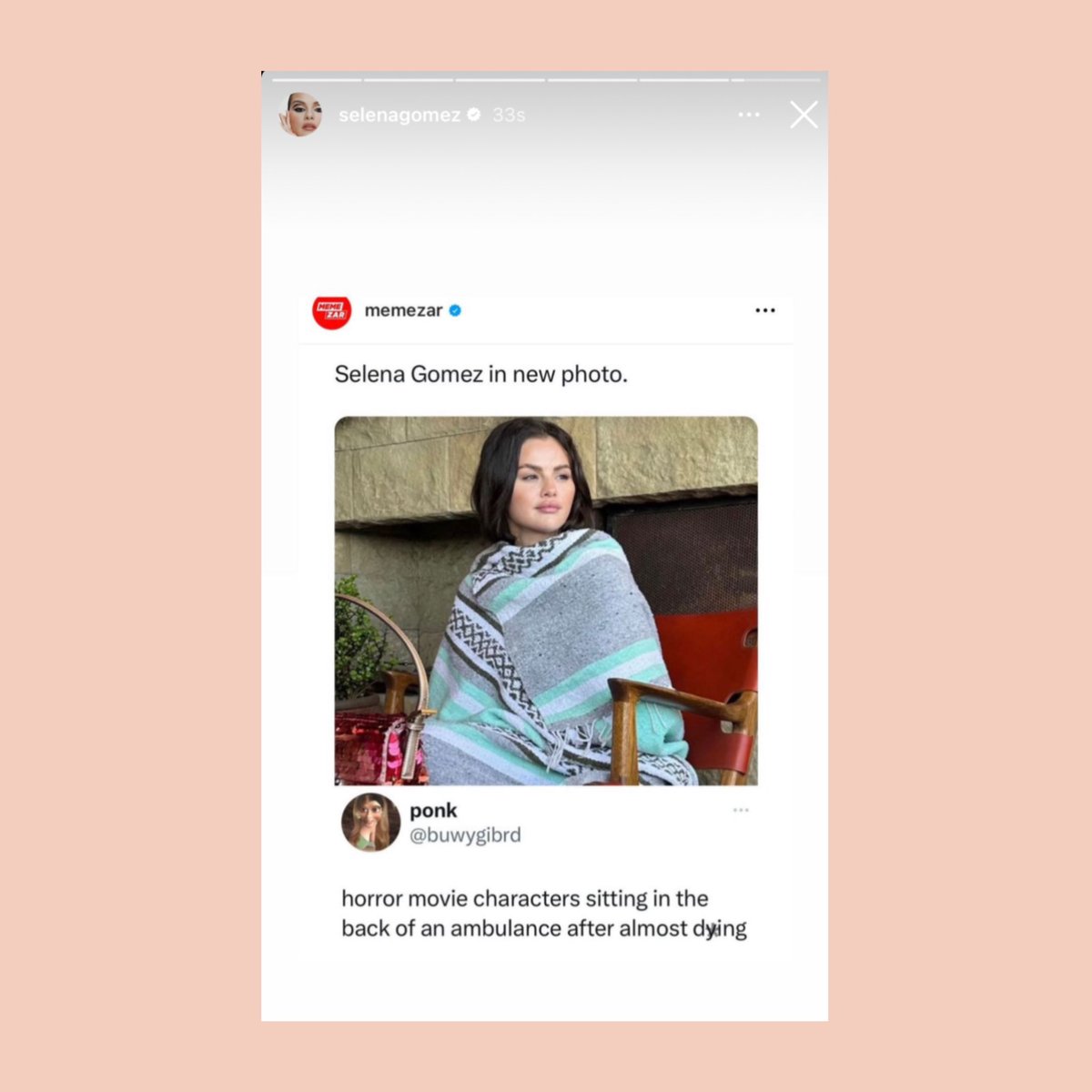 SGchartupdate's tweet photo. Selena Gomez shares her viral photo meme on Instagram Stories 😭 https://t.co/mkVIZFUcoK