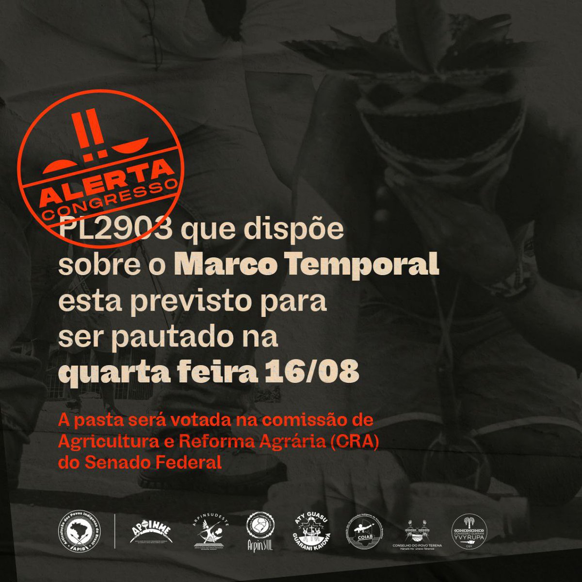 Marco Temporal Não! | A Comissão de Agricultura e Reforma Agrária do Senado marcou a votação sobre o Projeto de Lei 2903 (antigo PL490, de 2007, na Câmara dos Deputados) para esta quarta-feira, 16/08, a partir das 14h.

#MarcoTemporalNÃO 
#PL2903Não
#DemarcaçãoJá