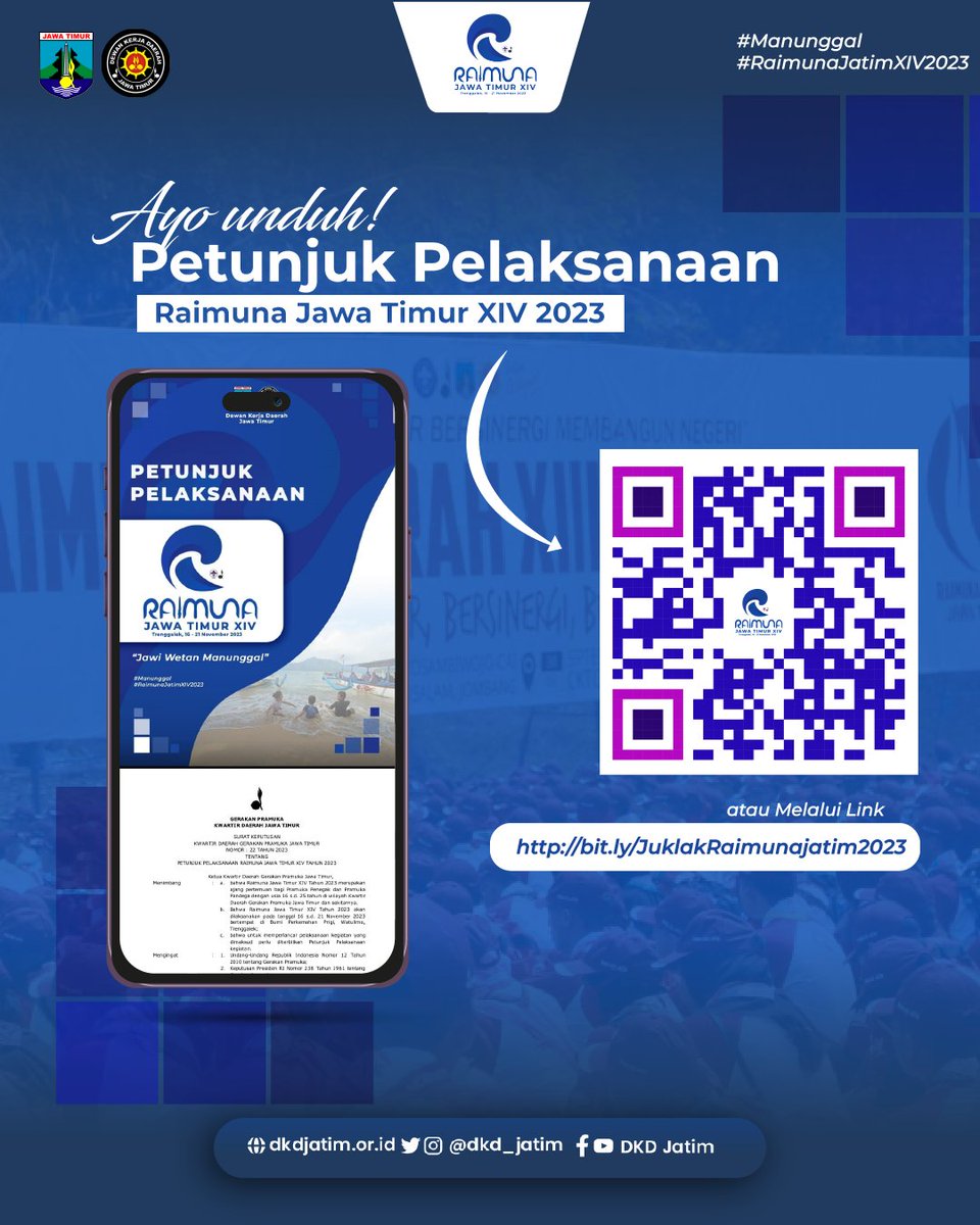 Scan this barcode to read our operational guideline of Raimuna Jawa Timur 2023!

Or you simply visiting our website by this link: dkdjatim.or.id/petunjuk-pelak…

See you on our giant wave!!🌊
#JawiWetanManunggal