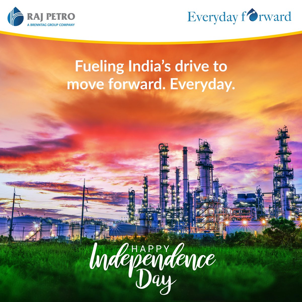 Raj_Petro's tweet photo. Celebrating 76th years of India moving forward with freedom and unity. At Raj Petro, we take pride in partnering on this journey by energizing enterprises and industries.  #HappyIndependenceDay
#RajPetro #EverydayForward https://t.co/hllWPM6qcA