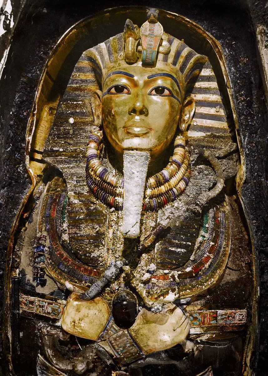 Infinit3History's tweet image. 3/
The incredible gold mask in situ on the mummy of the King, still inside the third (innermost) solid gold coffin.