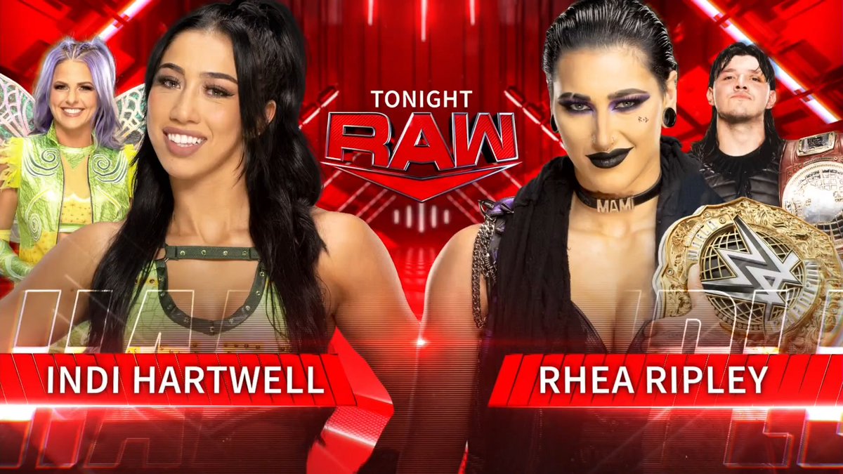 WWE's tweet photo. TONIGHT on #WWERaw 

@indi_hartwell vs. Women's World Champion @RheaRipley_WWE https://t.co/2Bvv5ugcam