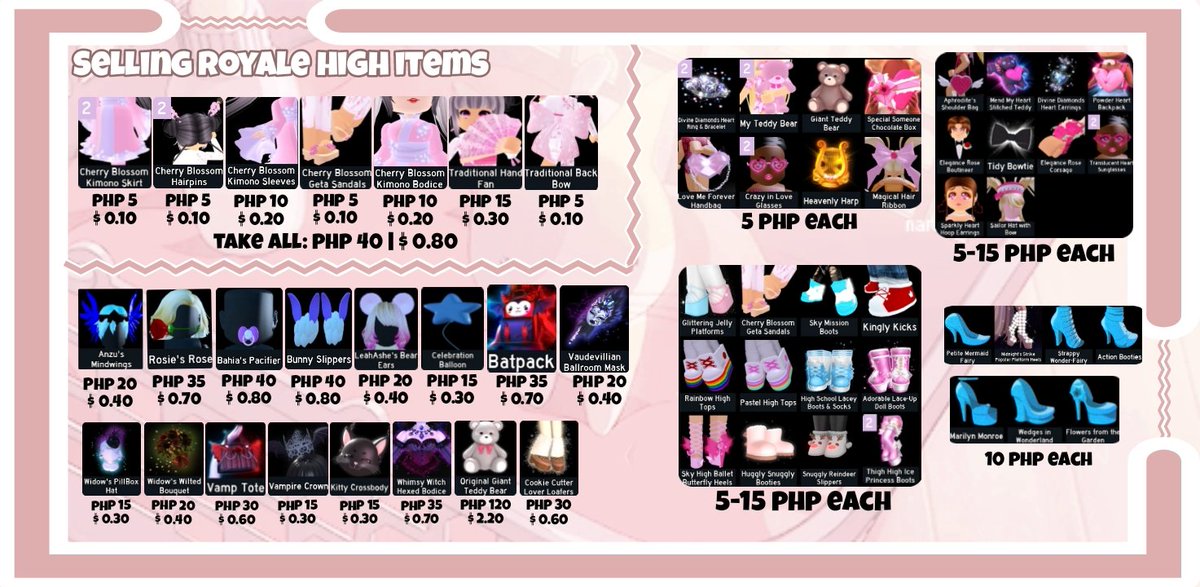 Selling Royale High Items for PayPal (fnf) &amp; Gcash 

> New layout + you can now buy sets / items separately! <33
> 51 proofs 
> rt
#royalehightrades #RoyaleHighBetaTesting #RoyaleHighphases #royalehighcoms #royalehighdiamonds #royalehightrading #royalehightrades #royalehighoffers