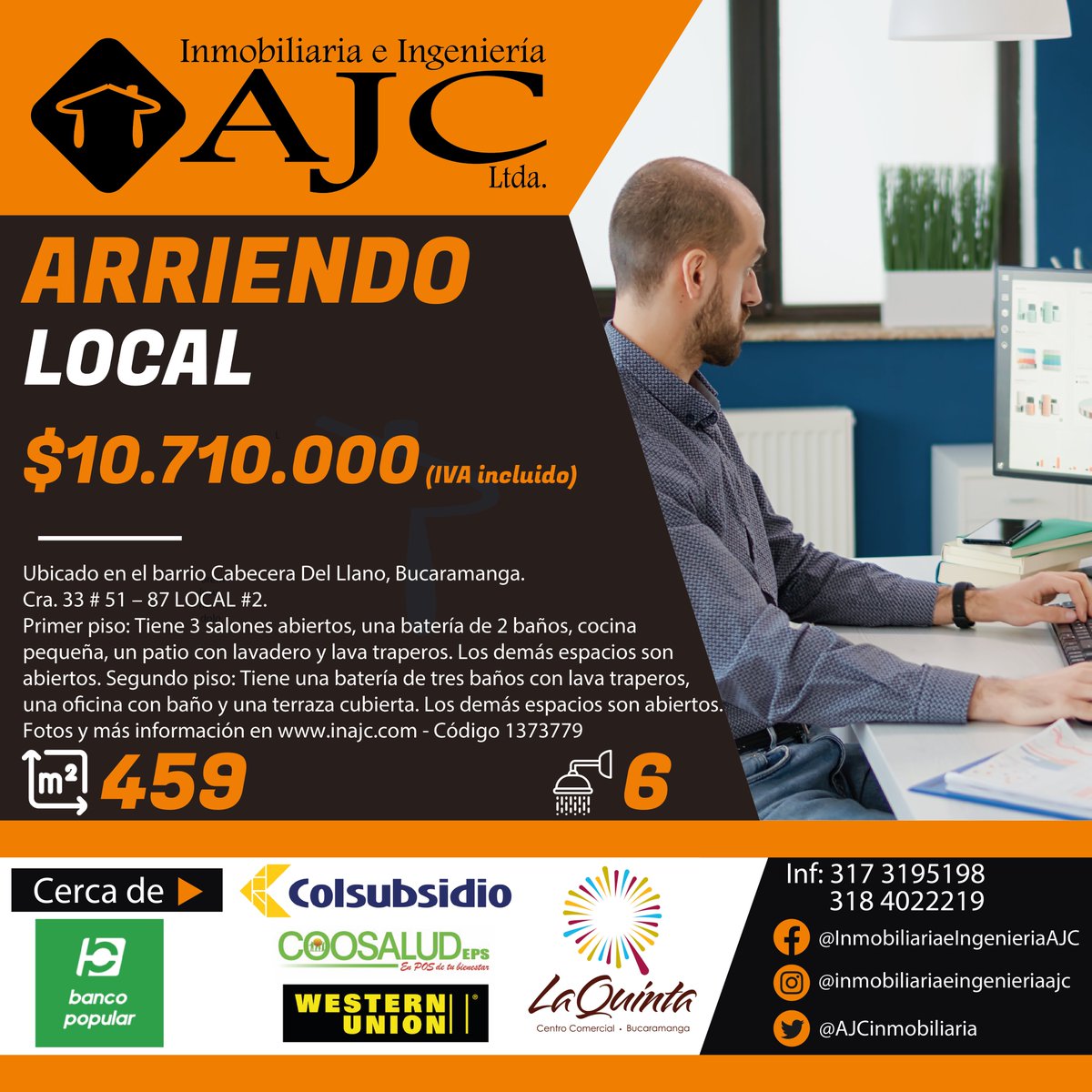 AJCinmobiliaria's tweet image. Arriendo local comercial en el barrio Cabecera Del Llano, Bucaramanga.
Carrera 33 # 51 – 87 LOCAL #2
* Área Total del Local: 459.29 M2
Para más información puede comunicarse a los celulares 317 3195198 y 318 4022219 (WhatsApp).
inajc.com/inmueble/13737…
#arriendo #local #Cabecera