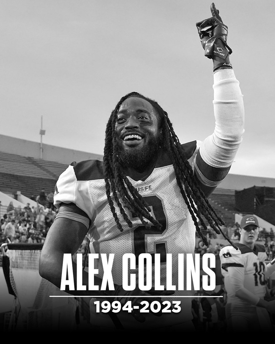 UFLonFOX's tweet image. The entire USFL family mourns the loss of @USFLShowboats Alex Collins. We extend our deepest condolences to his family, friends and teammates at this time.