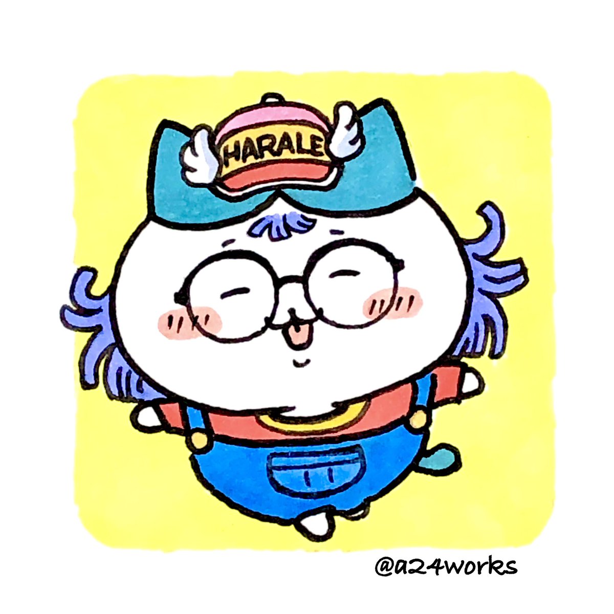 glasses hat overalls closed eyes solo twitter username 1girl  illustration images