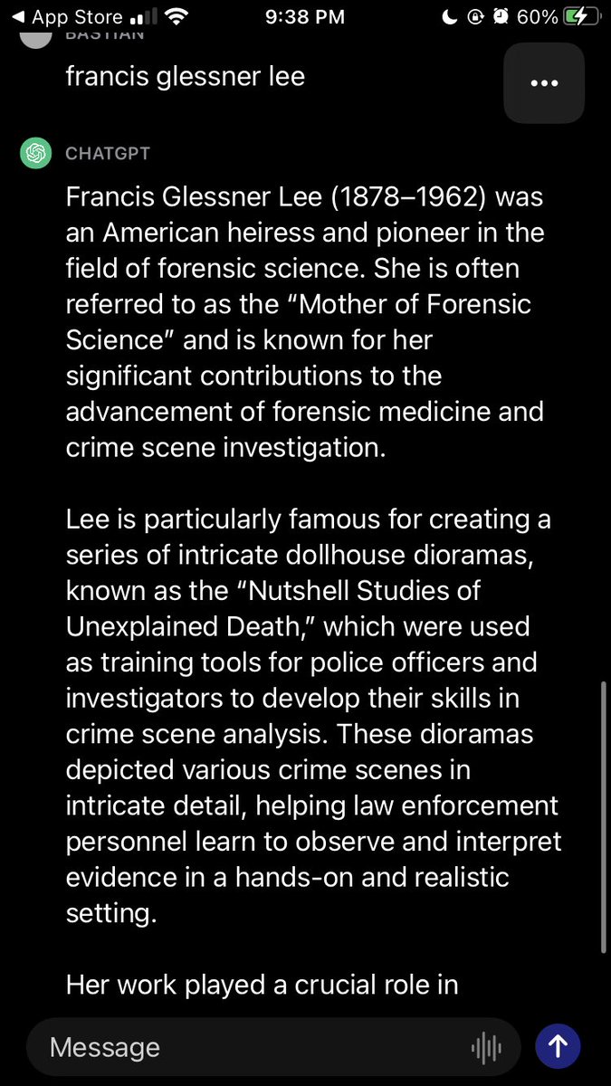 just listened to the episode abt francis glessner lee and was pleased to know ChatGPT did in fact know what’s up #myfavoritemurder