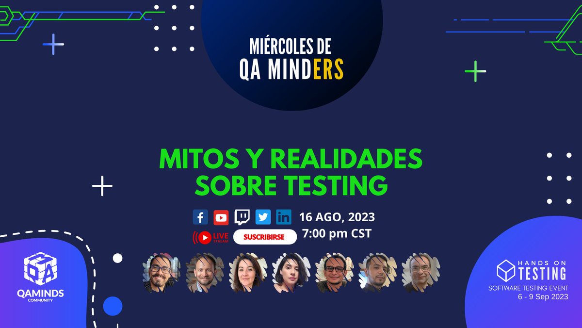 QA_MINDS's tweet photo. Nos vemos este miércoles, “Mitos y Realidades Sobre Testing” en los miércoles de #QAMinders.
Miércoles 7pm (MX) Facebook Live, LinkedIn, Twitter, Twitch y YouTube.
#QA #qaminds #softwareengineer #qaminder #testingsoftware #testingmanual #automation #cypress #selenium https://t.co/gKAGkpiQKb
