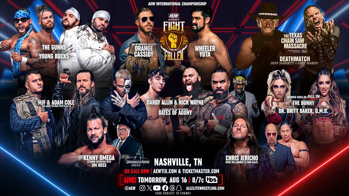 TOMORROW NIGHT at #AEWDynamite: Fight For The Fallen! Funds Donated Will Go Towards Relief For Those Impacted By The Fires In Maui via the @MauiFoodBank. To donate, visit: mauifoodbank.org/donate/ LIVE from Nashville's @BrdgstoneArena at 8pm ET/ 7pm CT on @tbsnetwork!