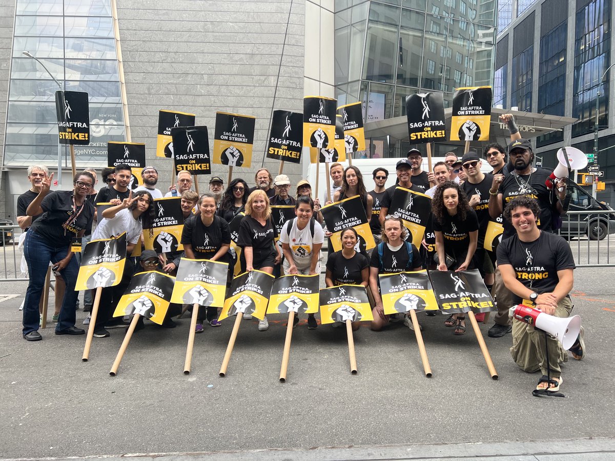 sagaftra's tweet photo. NY #sagaftramembers aren't messing around ✋ We are #SAGAFTRAstrong on these #SAGAFTRAstrike picket lines 💪 Thank you to everyone who came out and showed their support! https://t.co/guuKF7W6il