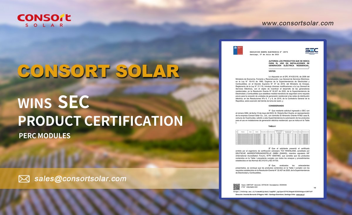 🌍Recently, #CONSORTSOLAR has successfully passed the recognition of the authoritative quality agency - won the #SEC product certification! This certificate covers our current P-type 182mm (M10), 210mm (M12) monofacial and bifacial #PVmodules.