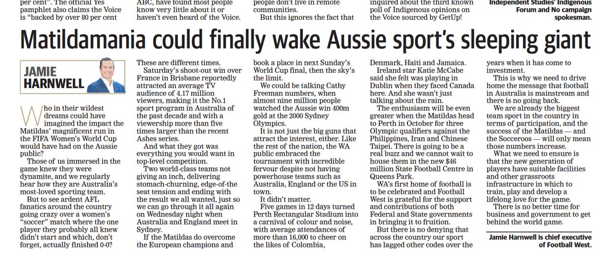 Different times indeed.

Football West CEO <a href="/JamieHarnwell/">Jamie Harnwell</a> in today's <a href="/westaustralian/">The West Australian</a> on maximising the impact of the Matildas.