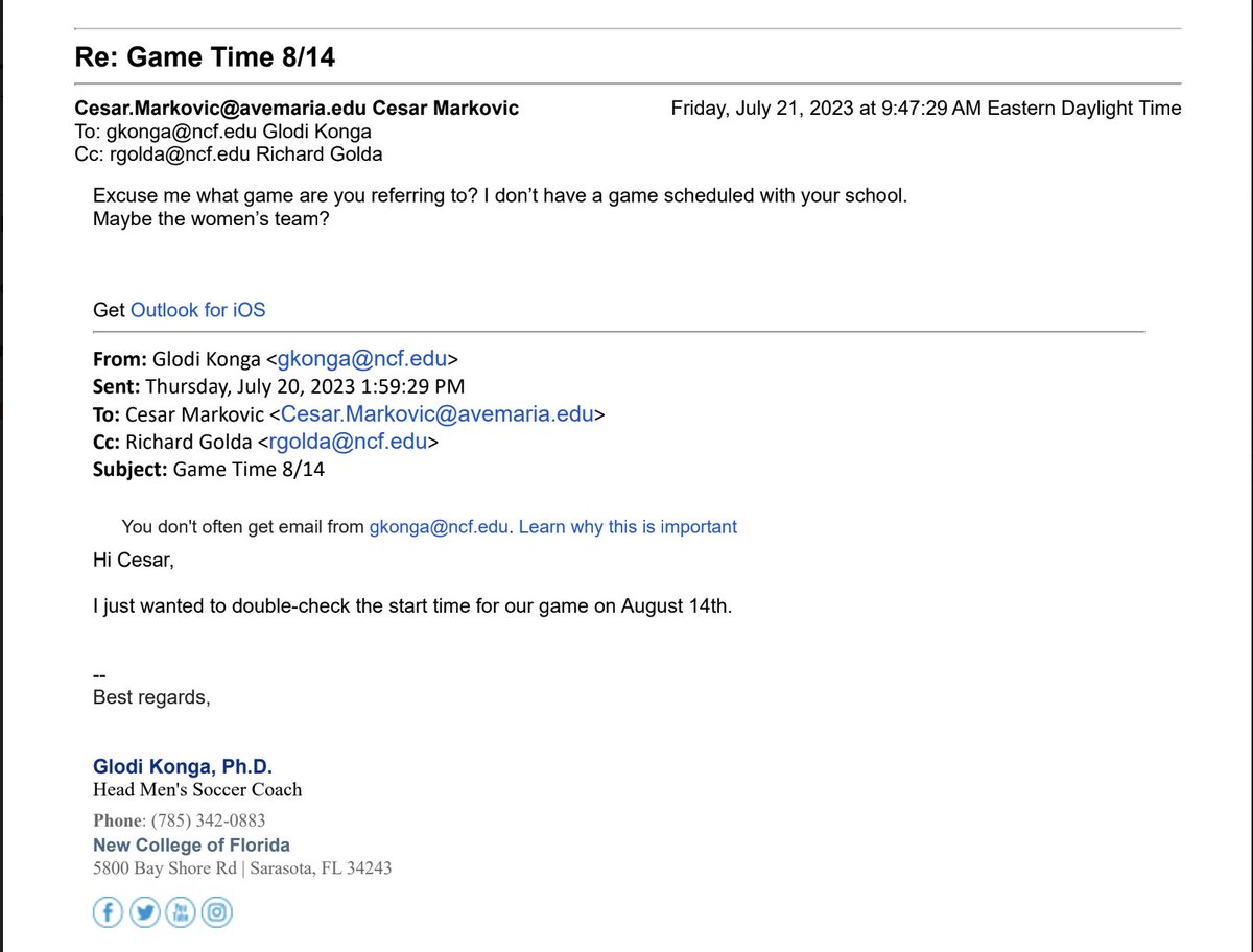 NCFSnowflakes's tweet image. Intercollegiate athletics going great at #NCF #mightybanyans #bestcoach #soccerinthesun

Konga: "I just wanted to double-check the start time for our game on August 14th."

Other coach: "Excuse me what game are you referring to? I don't have a game scheduled with your school."