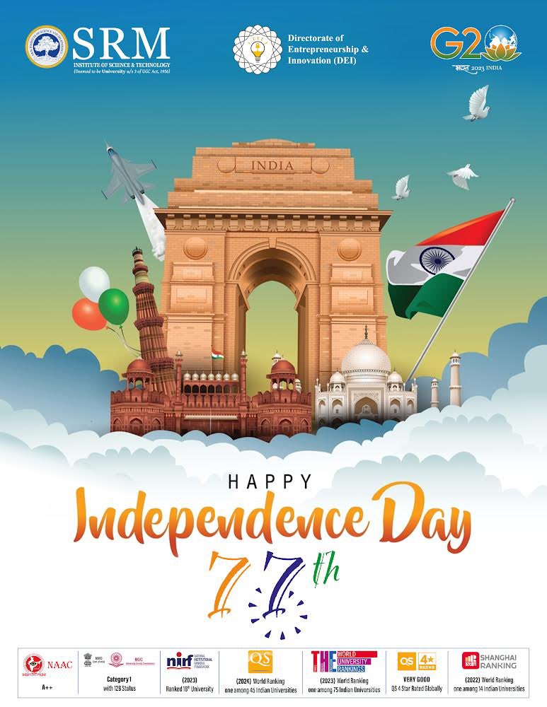 SRM_DEI's tweet image. Happy Independence Day! May the spark of liberty always guide our actions and may our nation continue to prosper and thrive.   
#srmist #independenceday #freedom