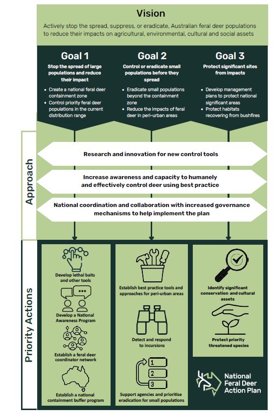 Learn more about the National Feral Deer Action Plan which aims to limit the spread of feral deer into new areas and reduce their negative impacts on agriculture, communities, and the environment: feraldeerplan.org.au/the-plan/