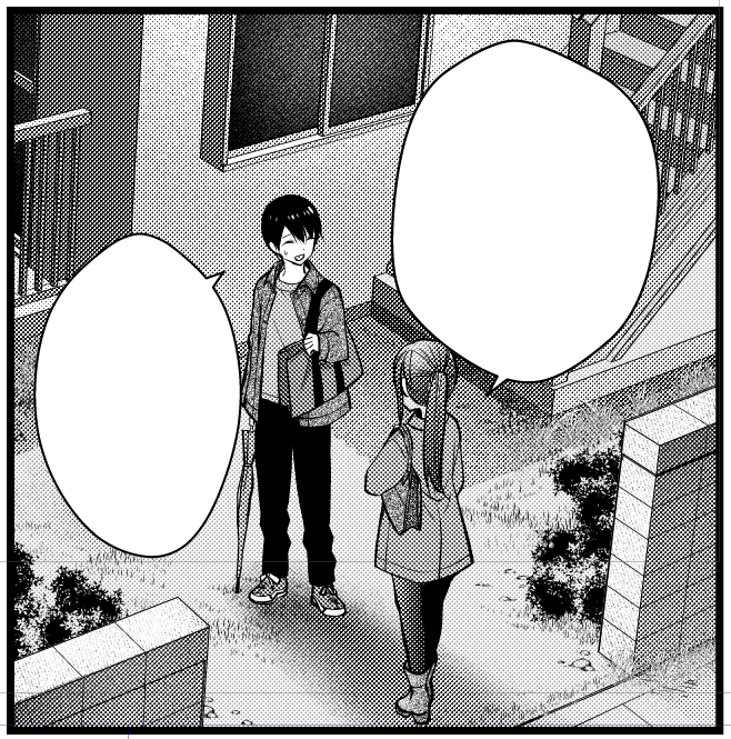 雑なラフでもイメージ通りの背景を置いてくれるアシさん天才だと思ってます。 階段とか、手前の四角いのが塀だと理解してもらえてすごい…!  あと下描きの時点で押野が傘を忘れてることに気づいて、仕上げの時に描き足してます。