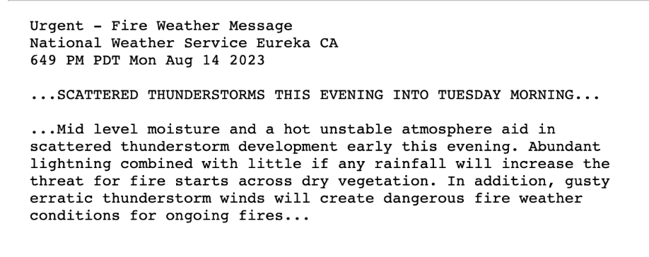 Alec_wx's tweet photo. NWS Eureka just issued a Red Flag Warning for Mendocino and Trinity mountains. The threat of t-storms and erratic gusty outflow winds on top of a dry and hot landscape could cause dangerous fire weather conditions. #cawx #firewx https://t.co/IfOfzeOg6X