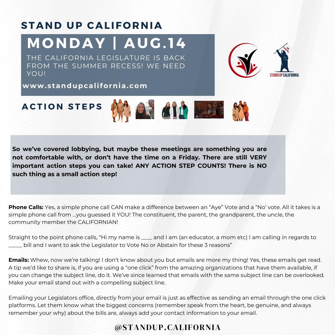 Standup_CA's tweet photo. It’s GO TIME!

We have a little over a month left before the 2023 Cal Leg Session wraps up and we’ve got work to do!

It is Stand Up Ca’s priority to inform you and empower you to take action. There are different ways to take action. NO ACTION IS SMALL! EVERY ACTION COUNTS! https://t.co/mPQQYuunJy