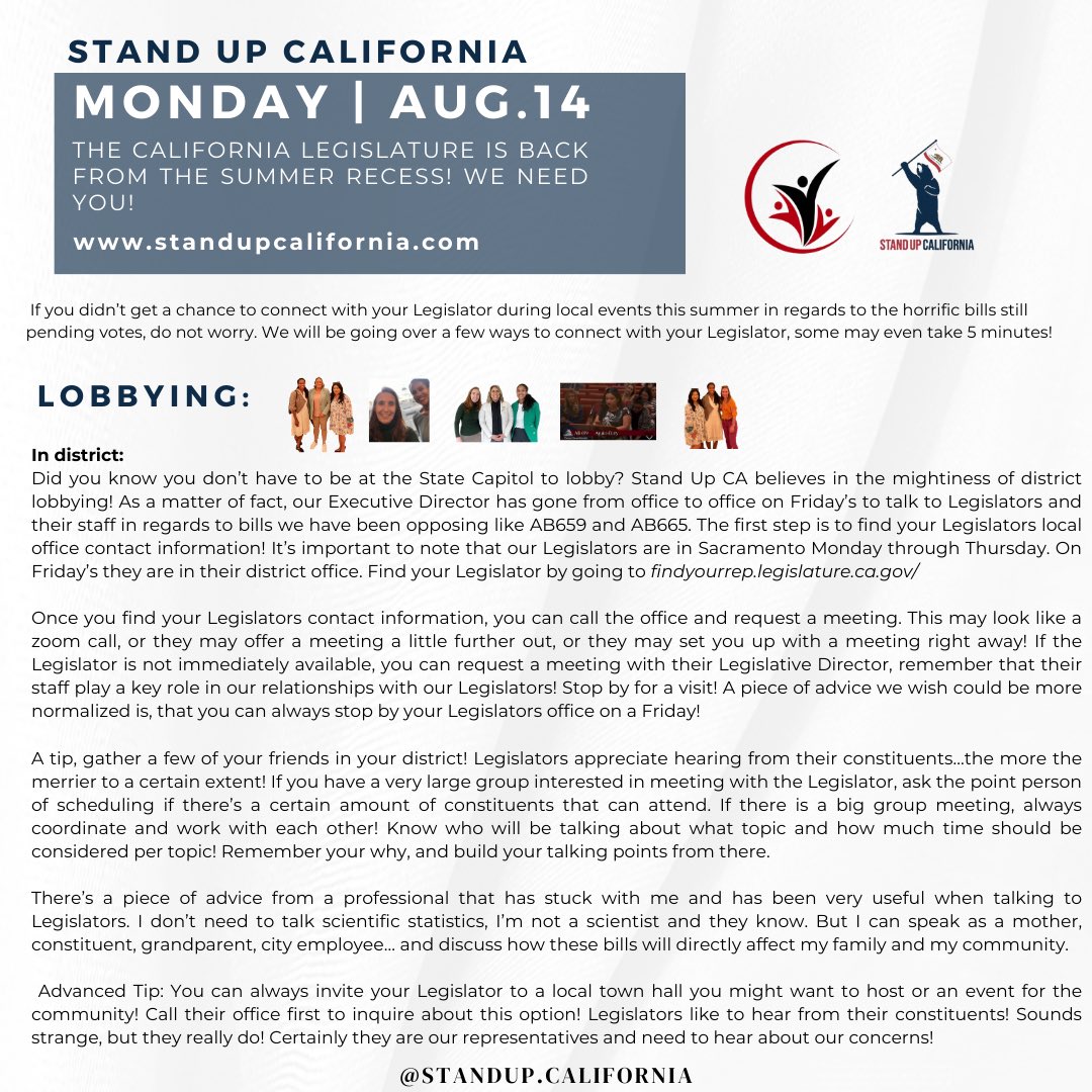 Standup_CA's tweet photo. It’s GO TIME!

We have a little over a month left before the 2023 Cal Leg Session wraps up and we’ve got work to do!

It is Stand Up Ca’s priority to inform you and empower you to take action. There are different ways to take action. NO ACTION IS SMALL! EVERY ACTION COUNTS! https://t.co/mPQQYuunJy