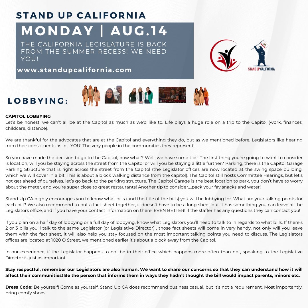 Standup_CA's tweet photo. It’s GO TIME!

We have a little over a month left before the 2023 Cal Leg Session wraps up and we’ve got work to do!

It is Stand Up Ca’s priority to inform you and empower you to take action. There are different ways to take action. NO ACTION IS SMALL! EVERY ACTION COUNTS! https://t.co/mPQQYuunJy