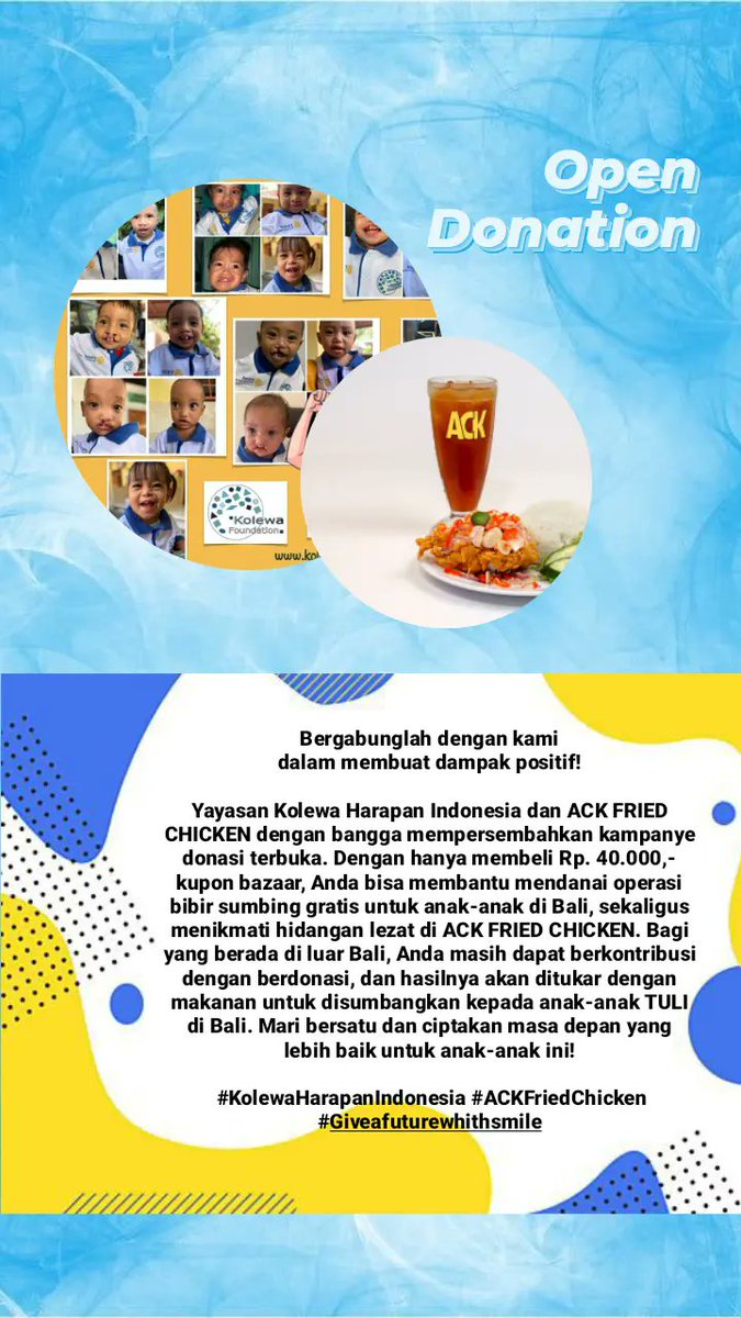 CubKopi's tweet photo. Bergabunglah dengan kami dalam membuat dampak positif! Yayasan Kolewa Harapan Indonesia dan ACK FRIED CHICKEN  Dengan hanya membeli Rp. 40.000,- kupon bazaar,Mari bersatu dan ciptakan masa depan yang lebih baik untuk anak-anak ini! 🌟💕 #KolewaHarapanIndonesia #ACKFriedChicken https://t.co/25P0mBmidk
