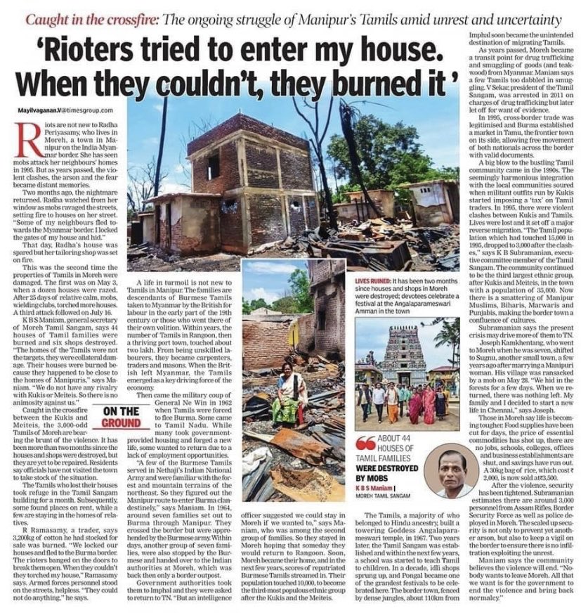 44 homes belonging to #Tamils living in #Moreh a border town in #Manipur were also burnt during the #ManipurViolence.As we have been saying earlier Manipur is not just a land of #Meiteis #Kukis #Nagas only.It is a multi-ethnic,culturally diverse state,a mini-India