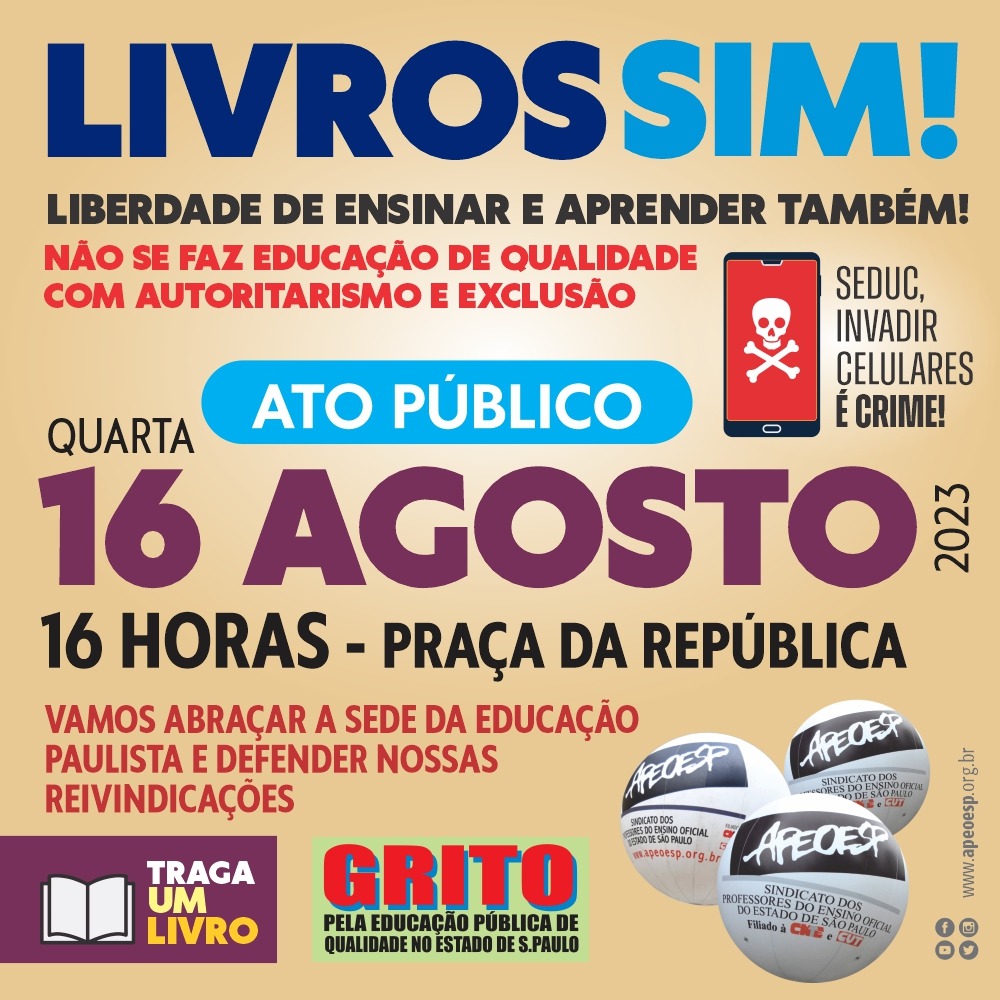 Dia 16/08, grande ato em defesa da educação.
Livros SIM,
Feder Não!
#forafeder #seducsp #sãopaulo #apeoesp