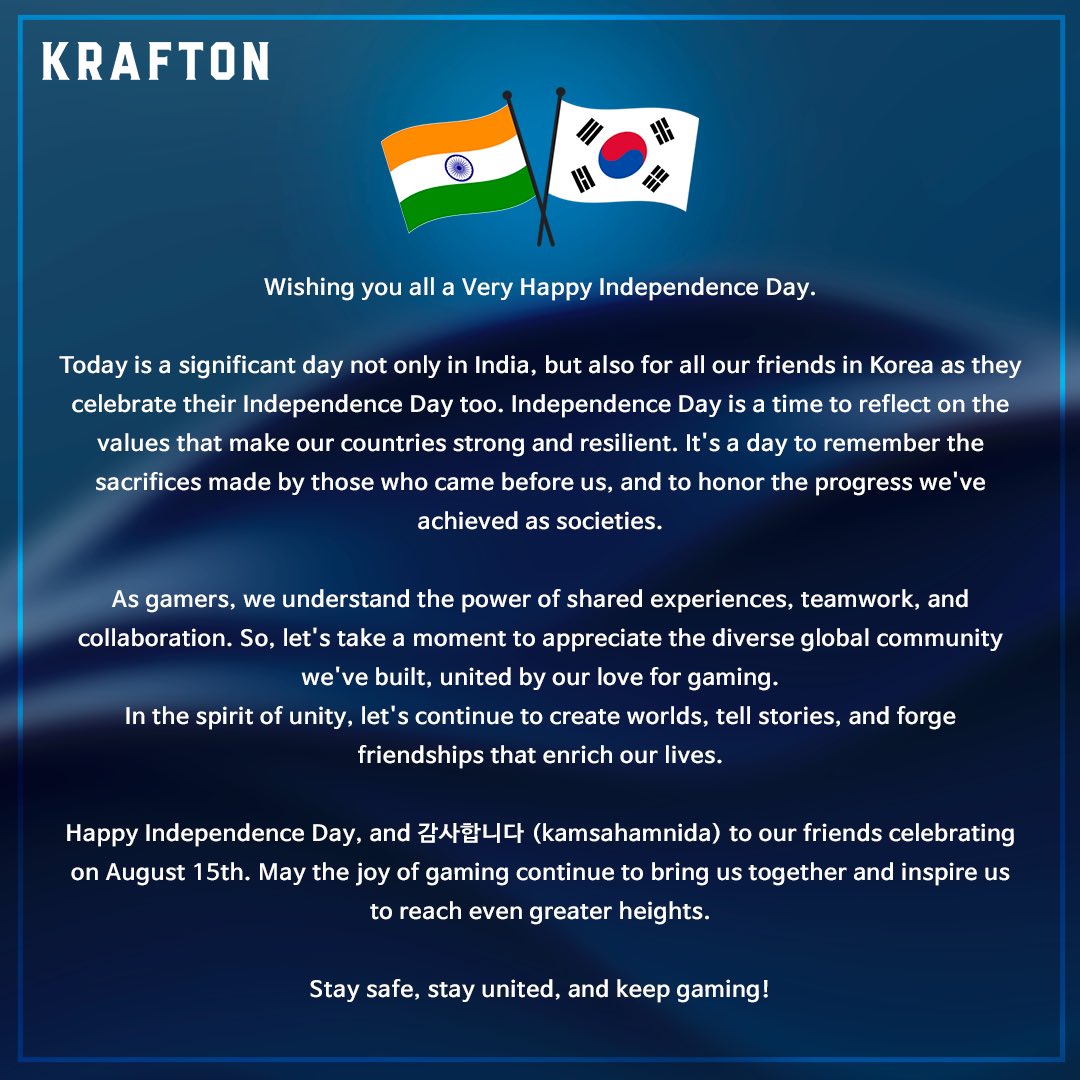 hisohn's tweet photo. Happy Independence Day to all friends in India 🇮🇳 and Korea 🇰🇷 !!!
“Jai Hind! 대한독립만세!”
#IndiaIndependenceDay #Gwangbokjeol #India #Korea #Krafton #indiagaming https://t.co/cWjDsUcN21