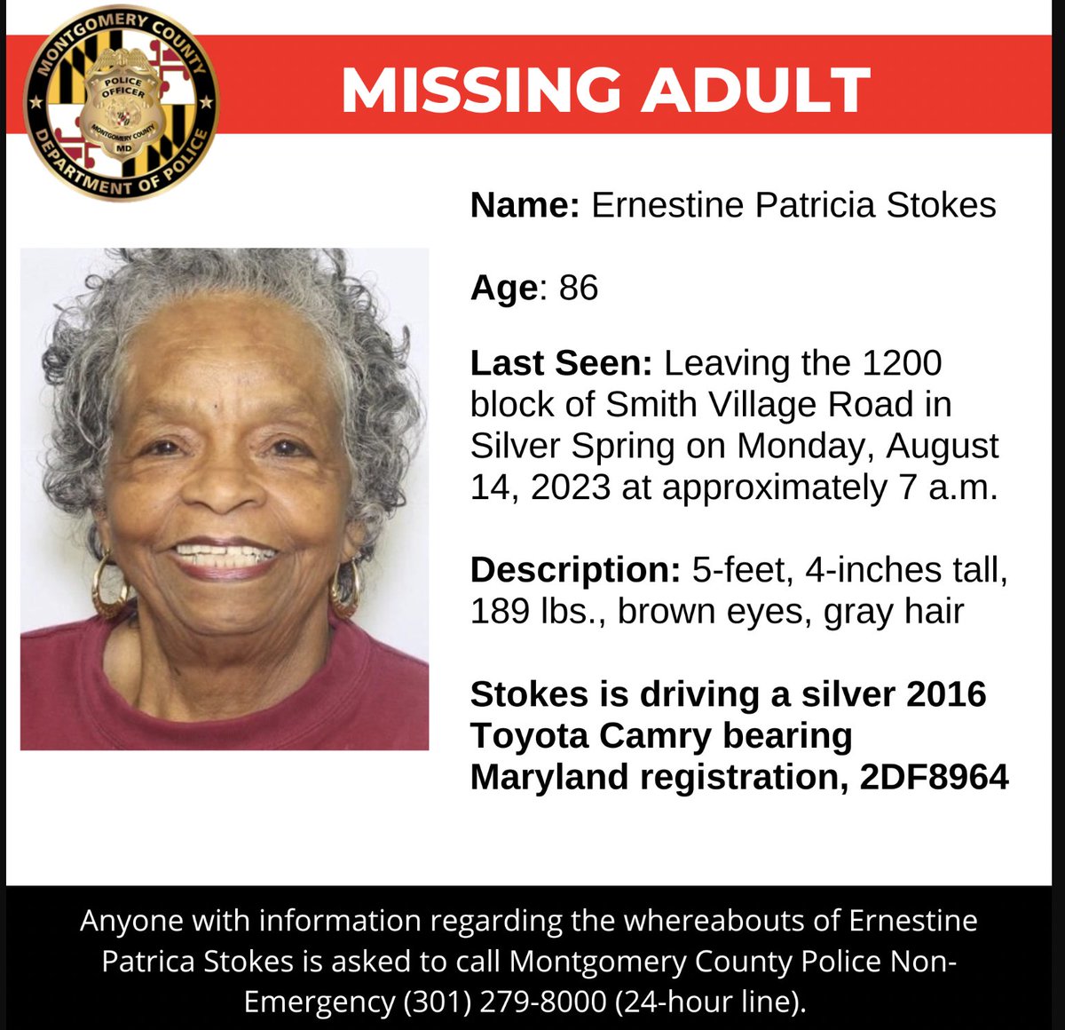 Silver Alert in MoCo Maryland. Please contact the police if you see this woman or her vehicle.