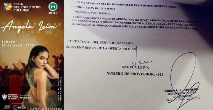 0800Cj's tweet photo. Para que se den una dimensión de lo que roban los artistas en los municipios. Angela Leiva se llevó 8 palos por dar un show de media hora en Merlo. 8 PALOS POR ANGELA LEIVA. https://t.co/XSkmizS609