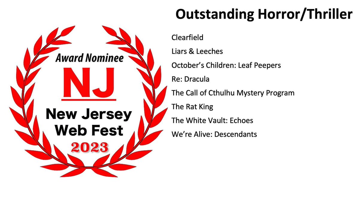 Here are the #NJWebFest nominees for #AudioFiction, which includes #ActualPlay (podcast and video) and #NarrativeFiction. Congratulations to all the nominees! Who's ready to #FeelTheMagic next month?! 🤘🏽 Winners to be announced at #TheGala 🏆 Shout it out: #WeGotNominated 🧵