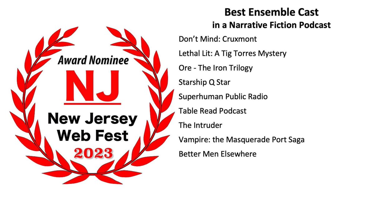 Here are the #NJWebFest nominees for #AudioFiction, which includes #ActualPlay (podcast and video) and #NarrativeFiction. Congratulations to all the nominees! Who's ready to #FeelTheMagic next month?! 🤘🏽 Winners to be announced at #TheGala 🏆 Shout it out: #WeGotNominated 🧵