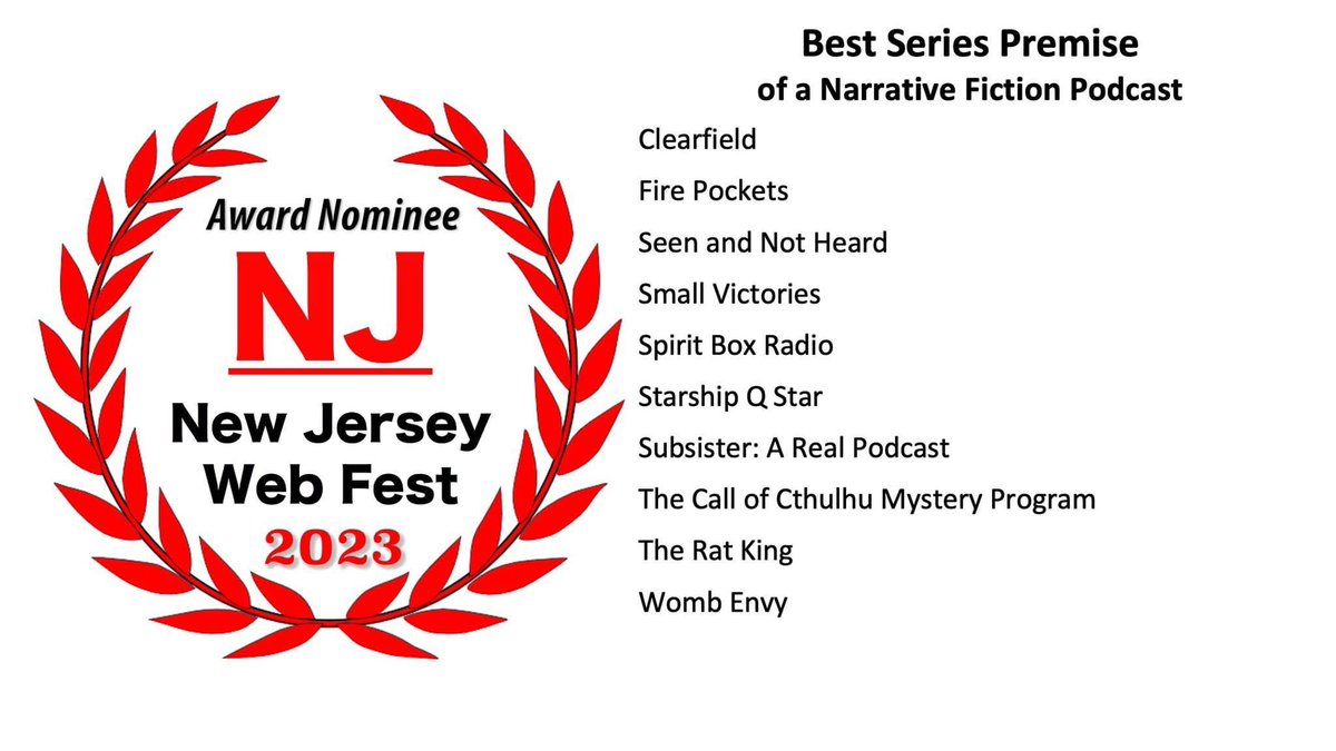 Here are the #NJWebFest nominees for #AudioFiction, which includes #ActualPlay (podcast and video) and #NarrativeFiction. Congratulations to all the nominees! Who's ready to #FeelTheMagic next month?! 🤘🏽 Winners to be announced at #TheGala 🏆 Shout it out: #WeGotNominated 🧵