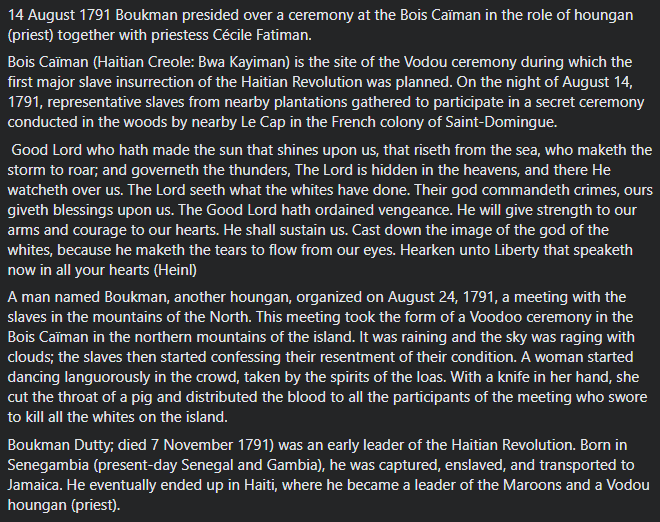 HaitiNowOrg's tweet photo. 14 August 1791 Boukman presided over a ceremony at the Bois Caïman in the role of houngan (priest) together with priestess Cécile Fatiman. Bwa Kayiman is the site of the Vodou ceremony during which the first major slave insurrection of the Haitian Revolution was planned. https://t.co/CsU8TmFtPy