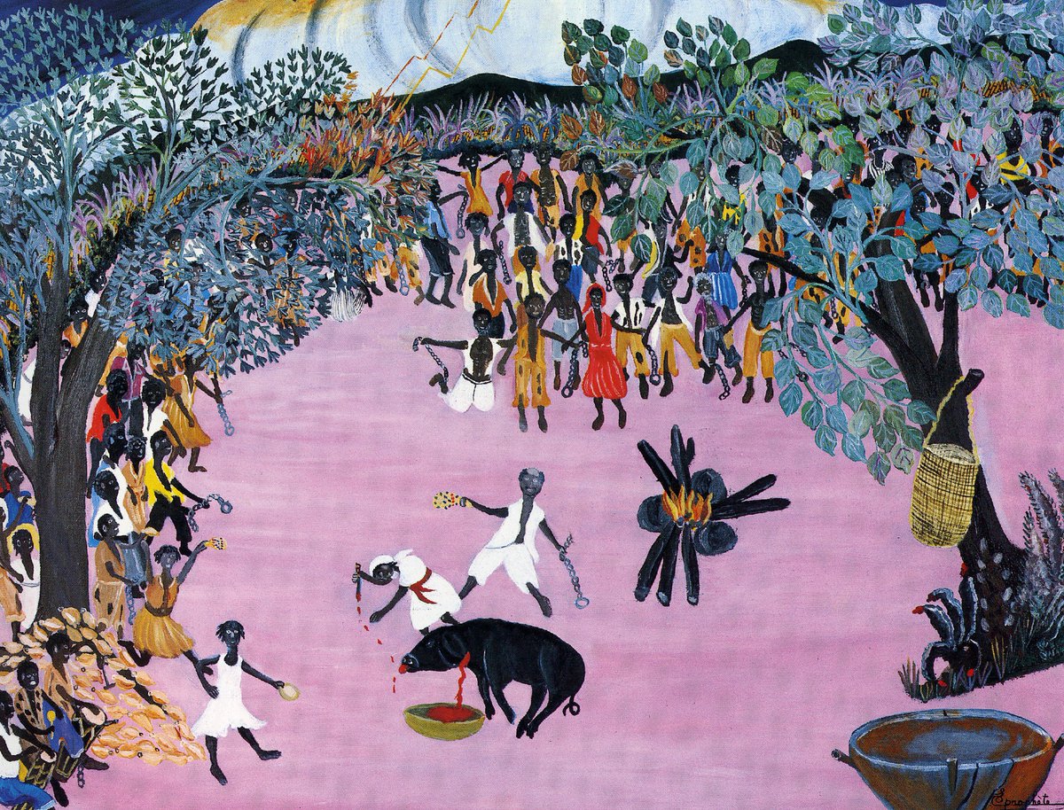 HaitiNowOrg's tweet photo. 14 August 1791 Boukman presided over a ceremony at the Bois Caïman in the role of houngan (priest) together with priestess Cécile Fatiman. Bwa Kayiman is the site of the Vodou ceremony during which the first major slave insurrection of the Haitian Revolution was planned. https://t.co/CsU8TmFtPy
