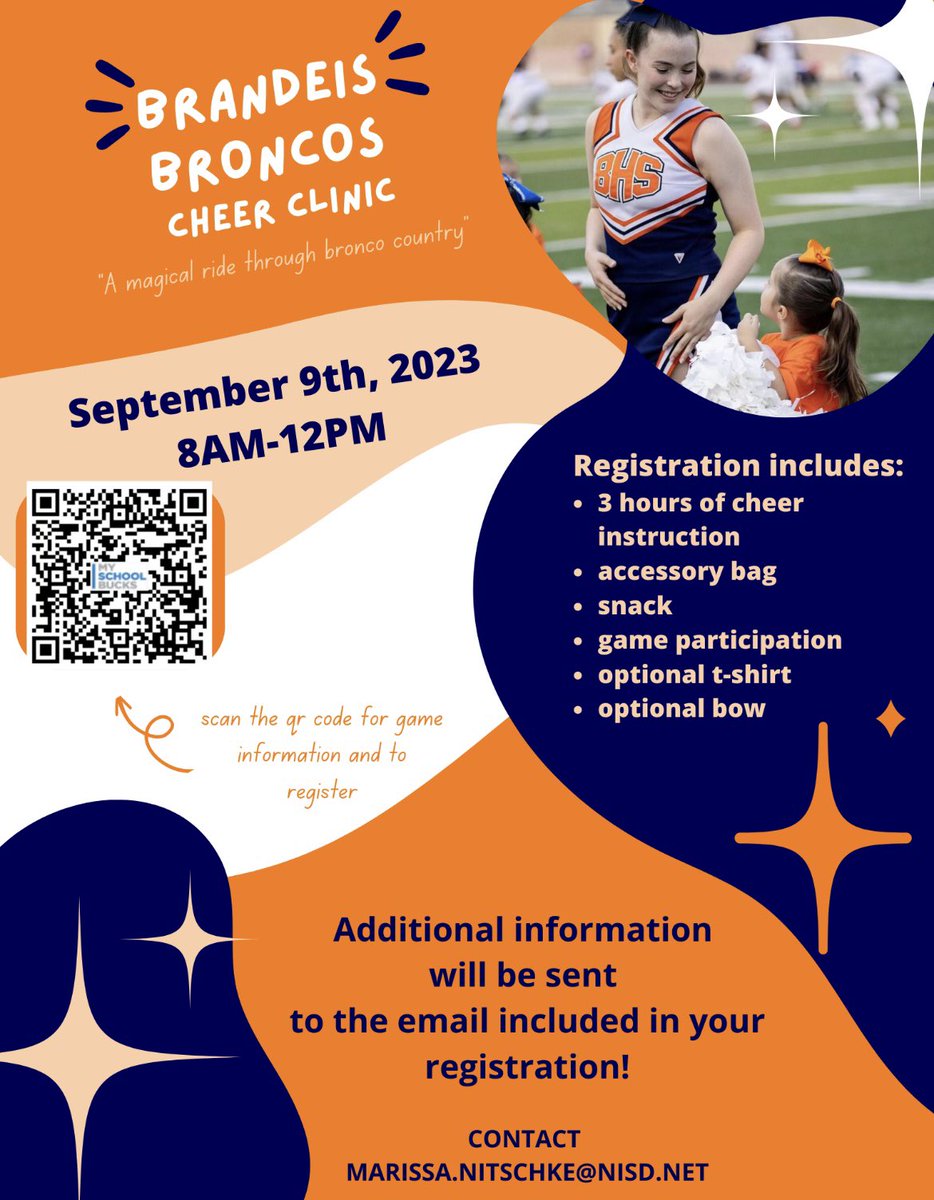 Our annual cheer clinic is coming up soon! Scan to register for a magical ride through bronco country. ✨