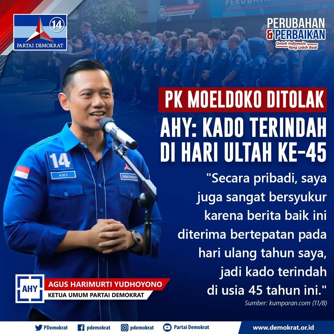 DemokratJaktim's tweet photo. Secara pribadi, saya juga sangat bersyukur karena berita baik ini diterima bertepatan pada hari ulang tahun saya, jadi kado terindah di usia 45 tahun ini."

Agus Harimurti Yudhoyono
Ketua Umum Partai Demokrat
.
.
#DemokratS14P
#PartaiDemokrat
#demokratjakarta
#Demokratjaktim
#AHY https://t.co/LnEZKcPJ4y