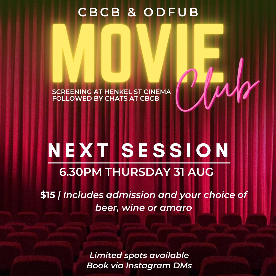 cbcb_brunswick's tweet photo. Movie Club is back, Thursday 31st August at Henkel Street Cinema! 

Movie announcement this Thursday 17th. Bookings via Insta DM (or, sure, here) 

$15 - entry, plus beer, wine or amaro back at CBCB for chats after the show! 

#chats #cbcbmovieclub https://t.co/a9rh0Qv3Rv