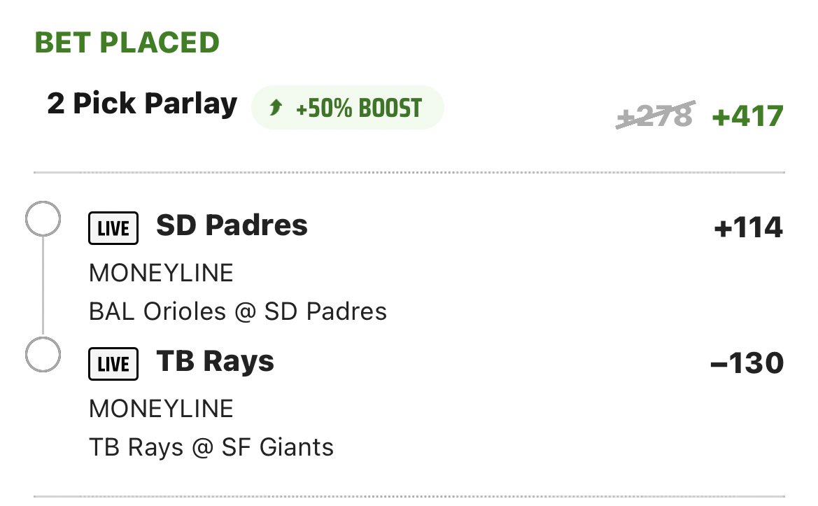 BDE__BETS's tweet photo. LIVE PLAY 💥

Padres ML
Rays ML

Combined = +278 🔥

Apply @DKSportsbook 50% profit boost and turn that into +417 🤑

LETS RIDE 😎

#MLB #mlbbets #MLBTwitter #mlbtwt #IndictmentWatch #JUNGKOOKxCALVINKLEIN #RaysUp #BringTheGold #Darvish #Glasnow #Onana #Sancho #Birdland #Garnacho https://t.co/UiZRSqQzar