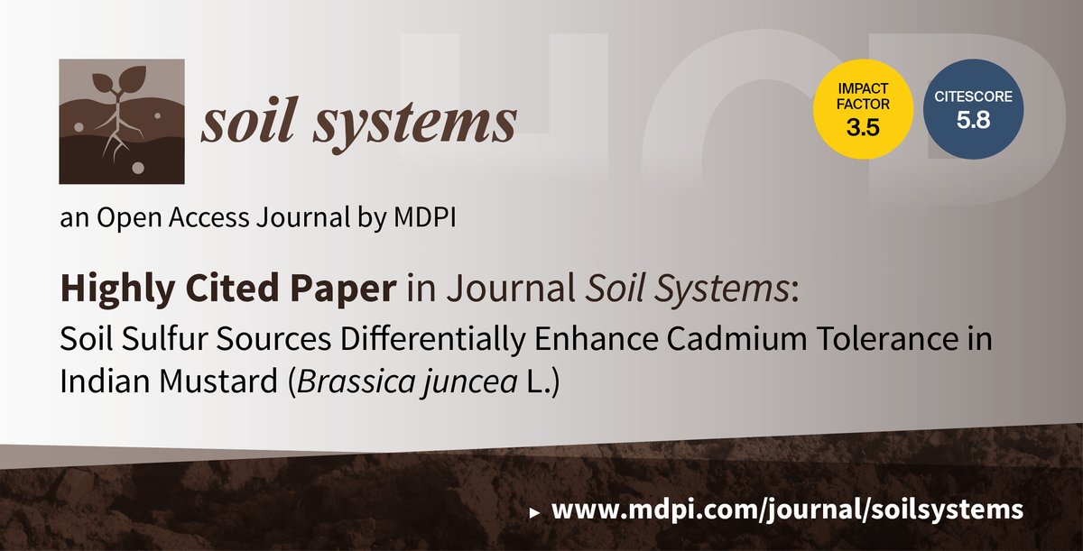 soils_mdpi's tweet photo. 📢Find out one of the most cited paper!

#soil #Sulfur Sources Differentially Enhance #Cadmium Tolerance in Indian #Mustard (Brassica juncea L.)

🔎Read more at https://t.co/hvnCDM0xOm

#antioxidants #ascorbate #Brassicajuncea #cadmiumstress #glutathione https://t.co/tugF6UAgPk